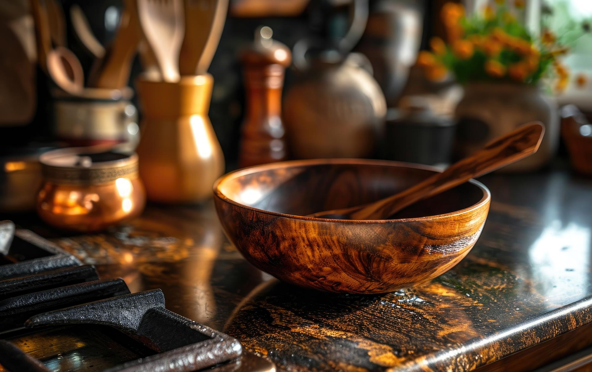 Workshop kitchen interior with copper pans